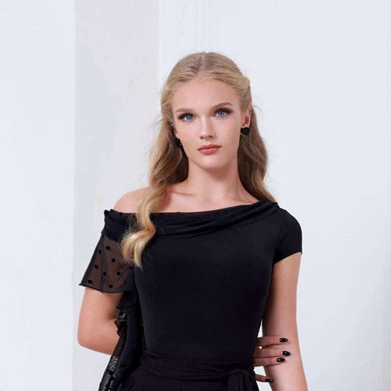 Women's Black Polka Dot Mesh Sleeve Off-Shoulder Jumpsuit Ballroom Dancewear