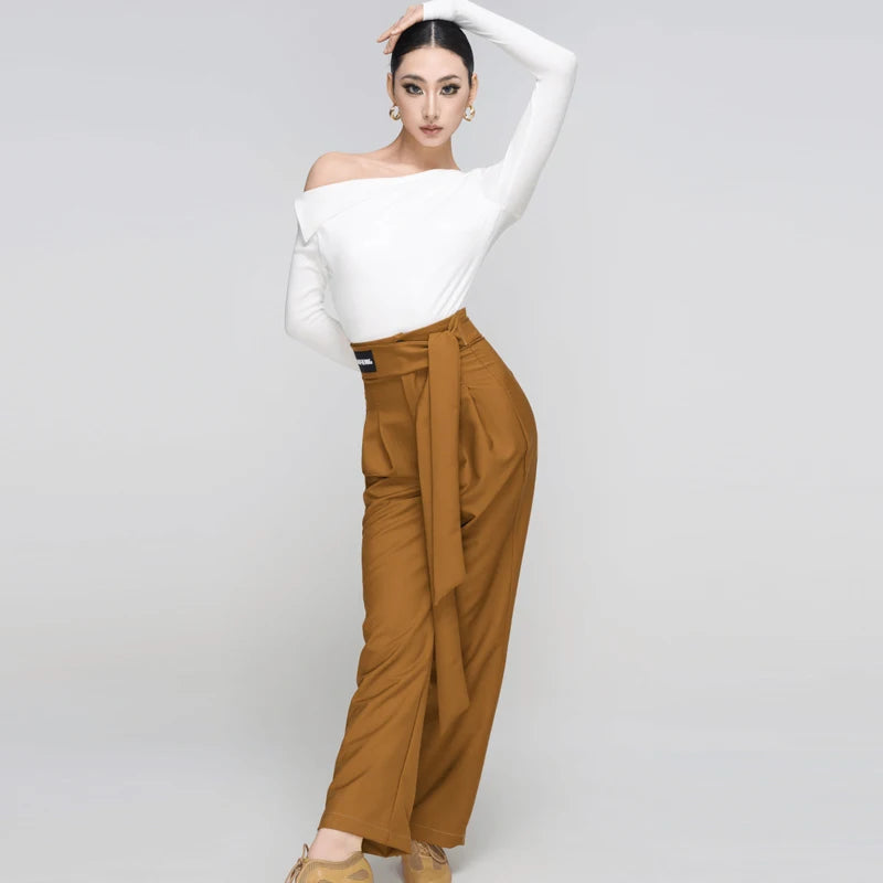 Women's Off-Shoulder Long Sleeve Dance Top, White, Black, or Tan, with High-Waisted Wide Leg Trousers, Brown, Grey, or Black, for Latin Ballroom Dance