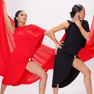 Women's Red & Black Drape Asymmetrical Slit Latin Dance Dress with Buckle Detail