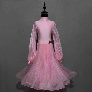 Children's Ballroom Dance Dress, Hot Pink, Royal Blue, Red, Yellow, Light Pink, Brown, Long Sleeve Mesh Skirt, Standard Latin Tango Waltz.