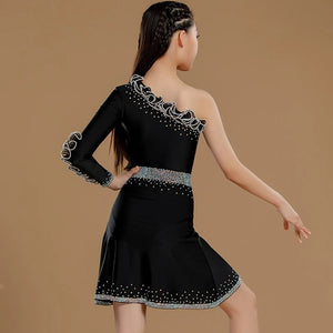 Girls Black One Shoulder Sequin Ruffle Latin Dance Dress