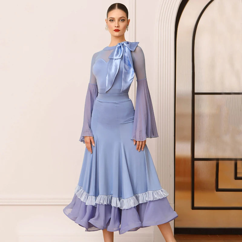 Women's Blue Mesh Bell Sleeve Ballroom Dance Dress with Satin Bow & Ruffled Hem