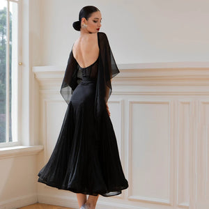 Women's Black Mesh & Chiffon Ballroom Dance Dress with Bell Sleeves