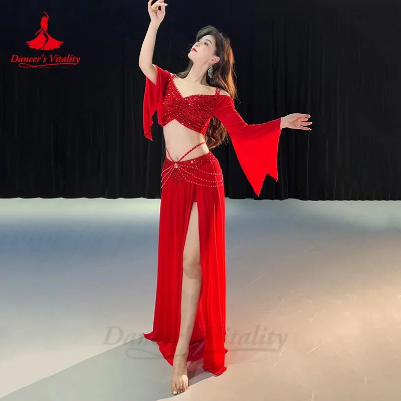 Women's Red Sequin Off-Shoulder Crop Top & Slit Skirt Belly Dance Costume