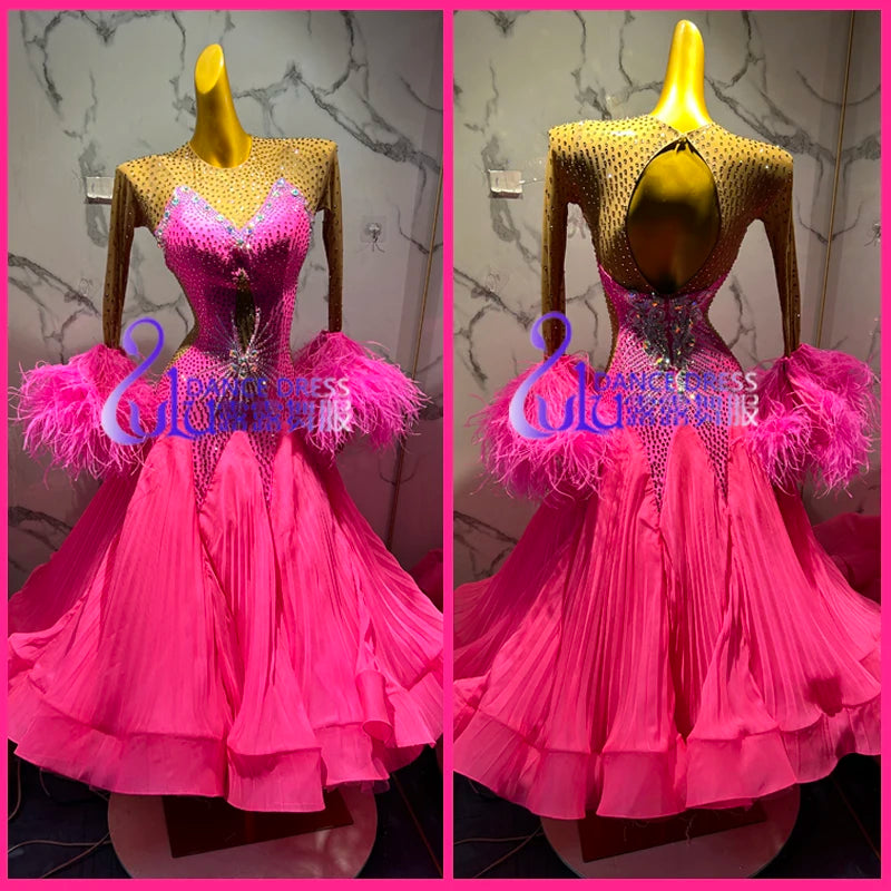 Women's Hot Pink Rhinestone Feather Ballroom Dance Dress with Pleated Skirt