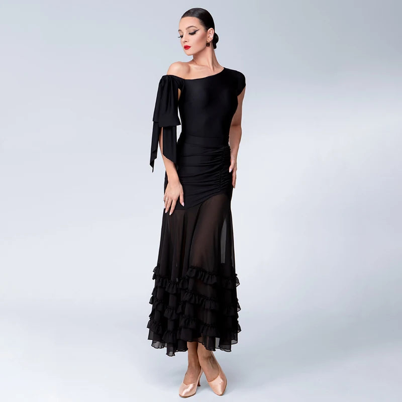 Dance Dress Women's Black One-Shoulder Ruched Chiffon Ruffled Ballroom Latin Dance Dress