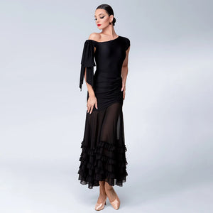 Dance Dress Women's Black One-Shoulder Ruched Chiffon Ruffled Ballroom Latin Dance Dress