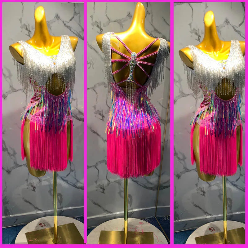 Women's Pink & Silver Fringe Sequin Latin Dance Dress with Open Back