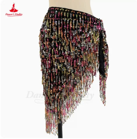 Belly Dance Hip Scarf, Women's Green Sequin Tassel Fringe Wrap Skirt, Asymmetrical Latin Dance Belt