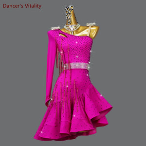 Women's Fuchsia One-Shoulder Rhinestone Fringe Latin Dance Dress