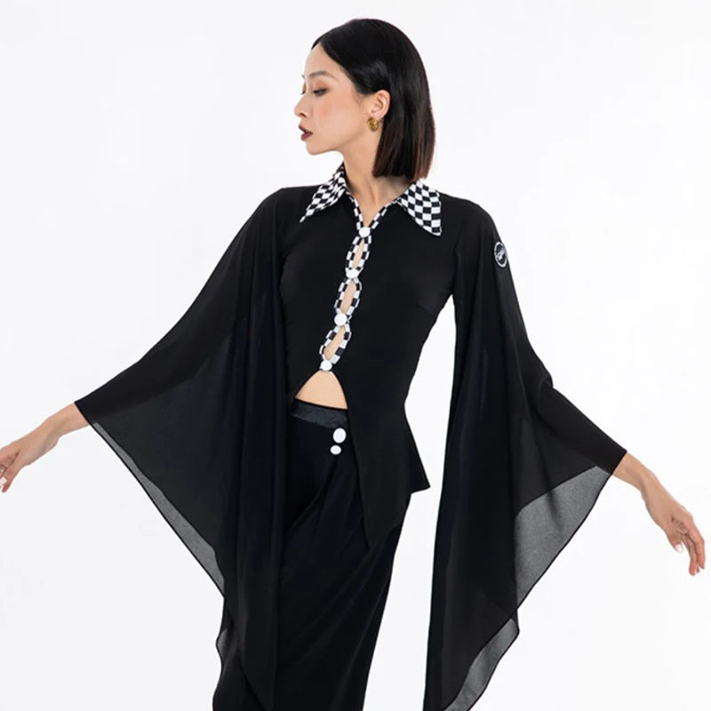Women's Black Checkered Collar Bell Sleeve Flowy Top & Wide Leg Pants Latin Dancewear