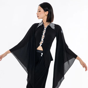 Women's Black Checkered Collar Bell Sleeve Flowy Top & Wide Leg Pants Latin Dancewear