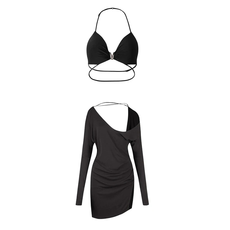 Women's Black Halter Neck Dolman Sleeve Fringe Hem Latin Dance Dress