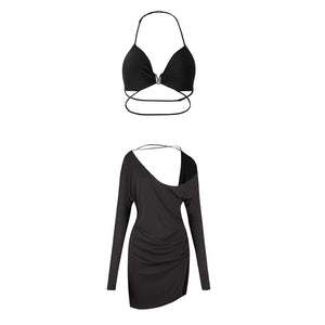 Women's Black Halter Neck Dolman Sleeve Fringe Hem Latin Dance Dress