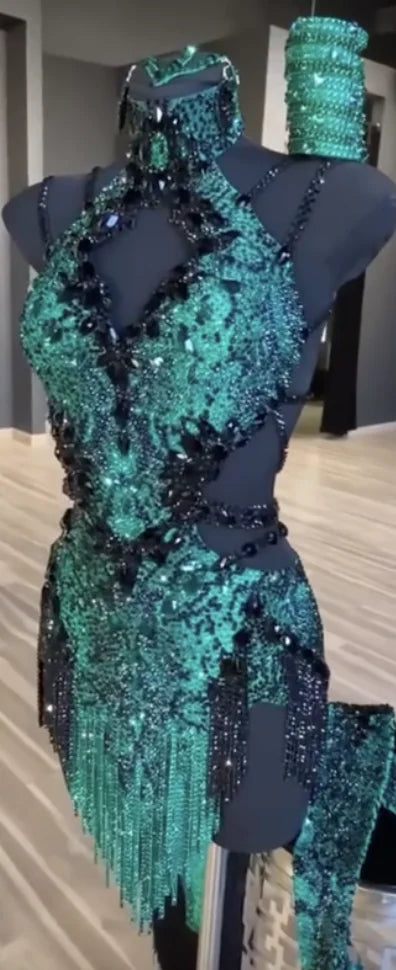 Dance Dress Women's Emerald Green Sequin Beaded Fringe Latin Ballroom Performance Costume