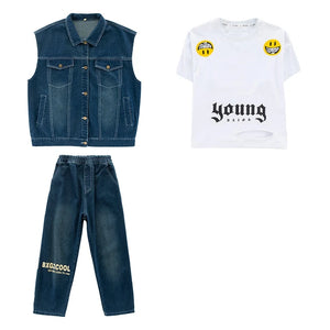 Kids' Unisex Blue Denim Hip Hop Dance Outfit with Vest, White T-Shirt, and Loose-Fit Pants