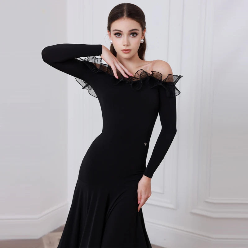 Ballroom Dance Dress Women's Black Off-Shoulder Ruffle Long Sleeve Mermaid Hem Standard Latin Performance Gown