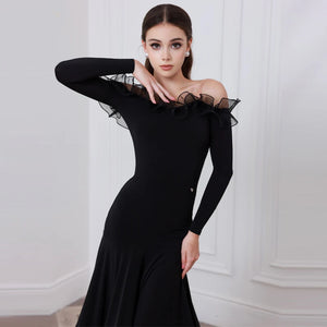 Ballroom Dance Dress Women's Black Off-Shoulder Ruffle Long Sleeve Mermaid Hem Standard Latin Performance Gown