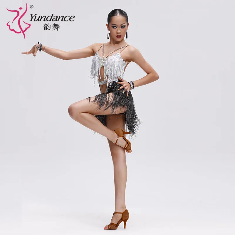 Latin Ballroom Dance Dress With Rhinestones And Tassel Fringe For Adults And Kids Competition