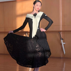 Women's Black and Cream Off-Shoulder Long Sleeve Lace Ballroom Dance Dress
