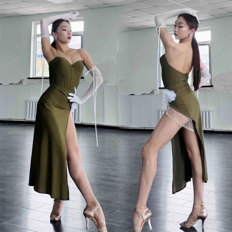 Women's Olive Green Sweetheart Slit Fringe Latin Ballroom Dance Dress