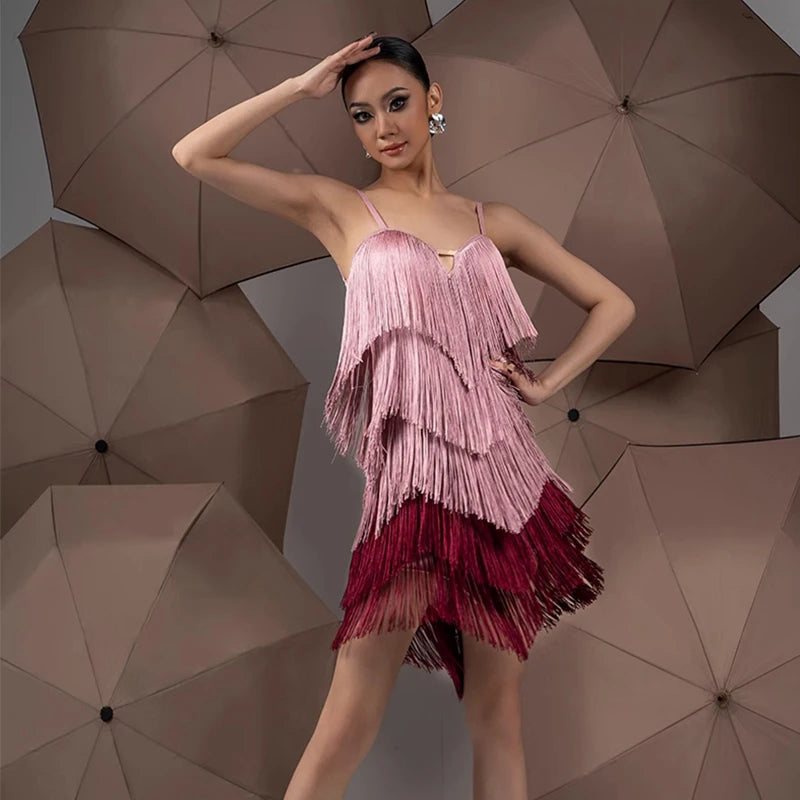 Women's Pink & Burgundy Ombre Fringe Latin Dance Dress