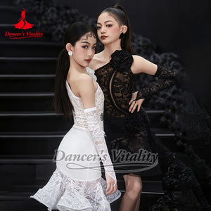 Women's Black & White Lace One-Shoulder Ruffle Latin Dance Dress
