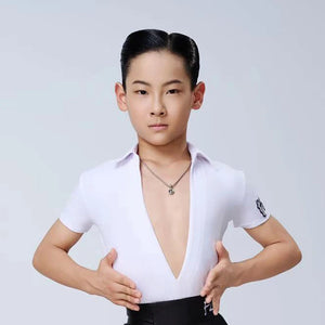 Boys' Black and White V-Neck Short Sleeve Ballroom Dance Shirts and Trousers Set