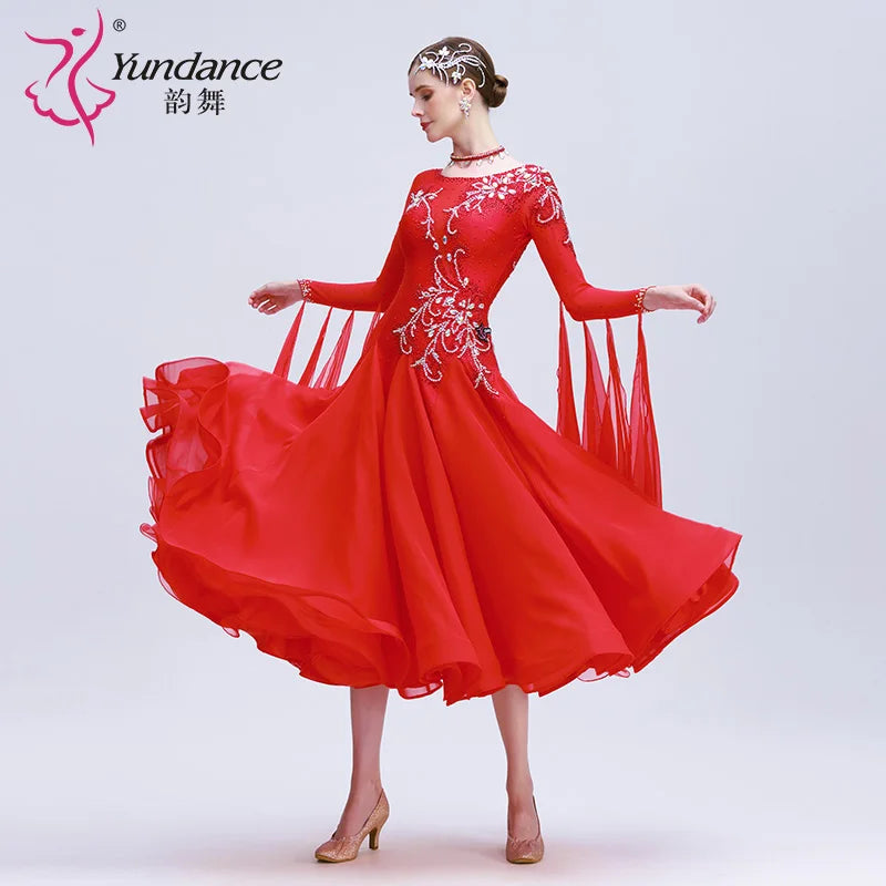 Women's Standard Ballroom Dance Dress With Rhinestones In Coffee Chiffon For Competition