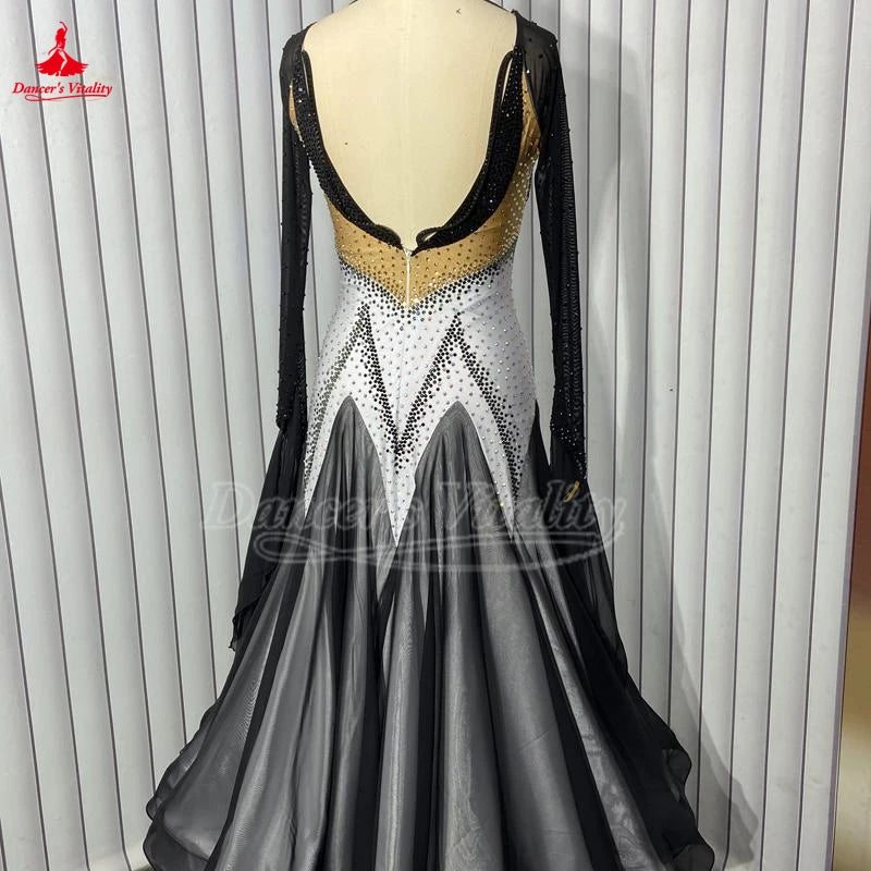 Women's Standard Ballroom Competition Dress With Long Sleeves And Full Swing Skirt For Waltz, Foxtrot, Tango, Quickstep