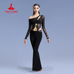 Women's Pink One-Shoulder Mesh Long Sleeve Cutout Embellished Latin Dance Jumpsuit with Flared Pants