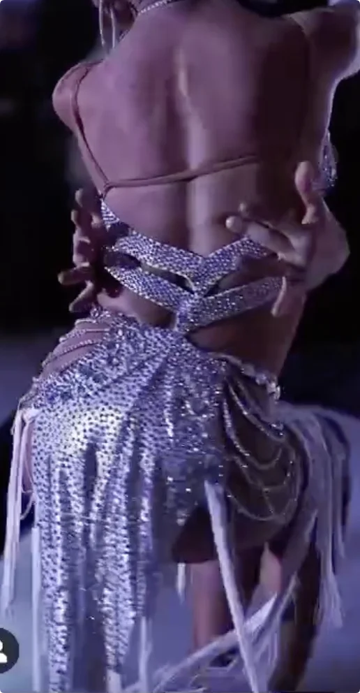 Women's Silver Sequin & Rhinestone Open Back Latin Dance Dress with Strappy Skirt