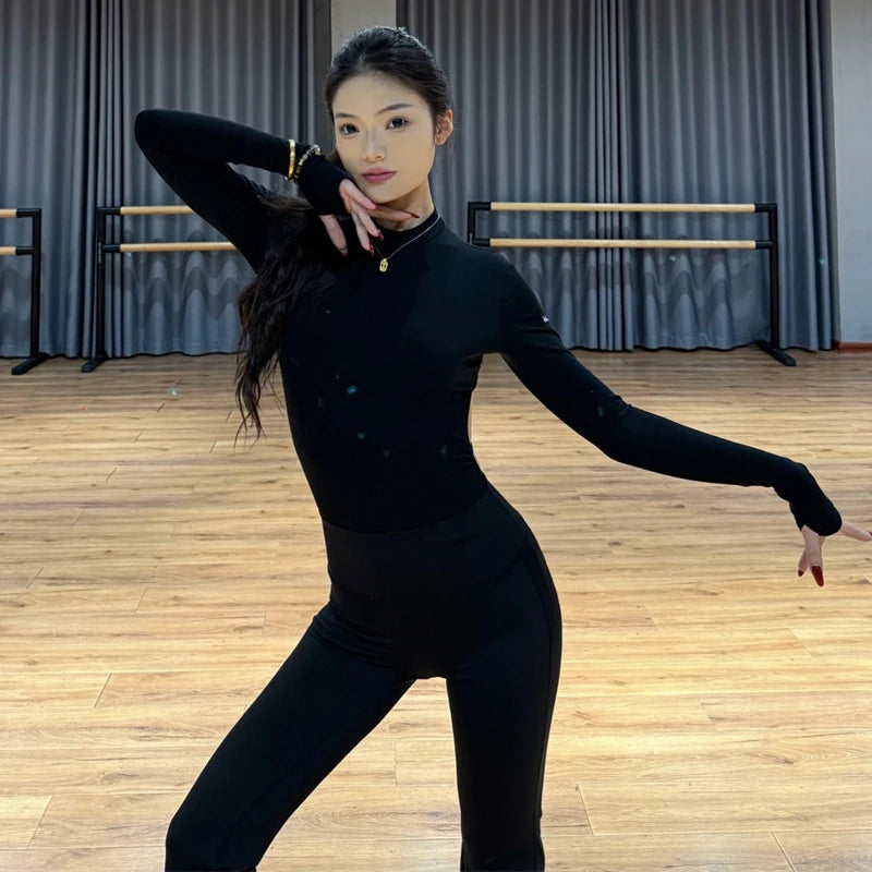 Women's Black Long Sleeve Mock Neck Thumbhole Leotard and Leggings Set, Latin Dance