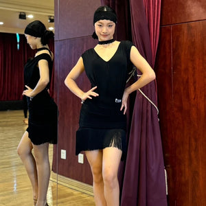 Women's Black V-Neck Fringe Hem Latin Dance Dress with Headband and Choker