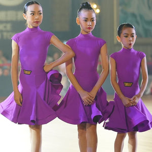 Girls Aqua Blue Ruffled Latin Dance Dress with Mock Neck, Short Sleeves, and Gold Buckle Detail, Ballroom Dancewear