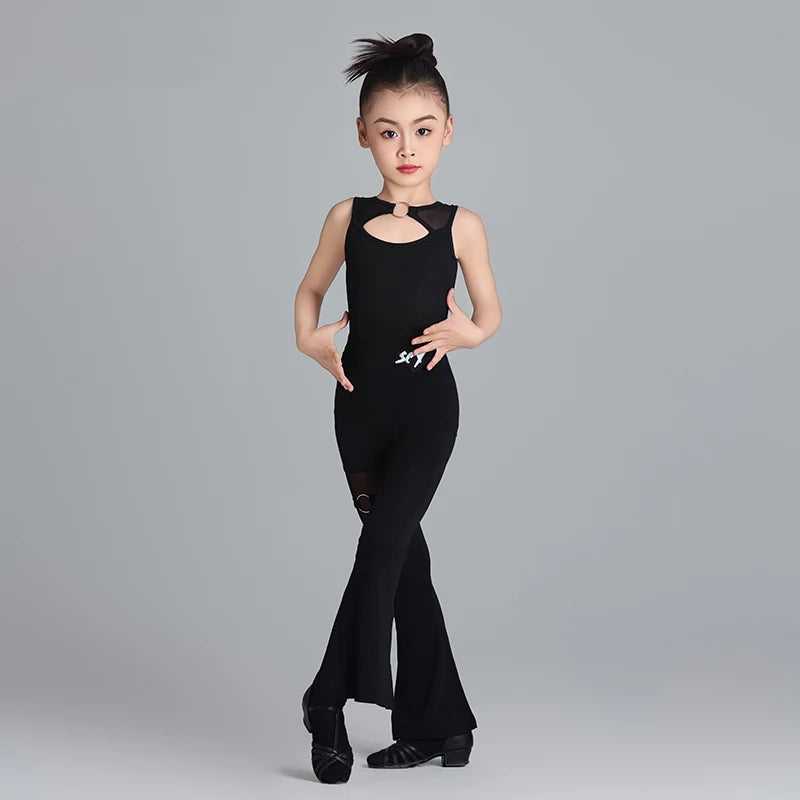 Girls Black Mesh Cutout Sleeveless Leotard Flared Dance Pants Set Latin Ballroom