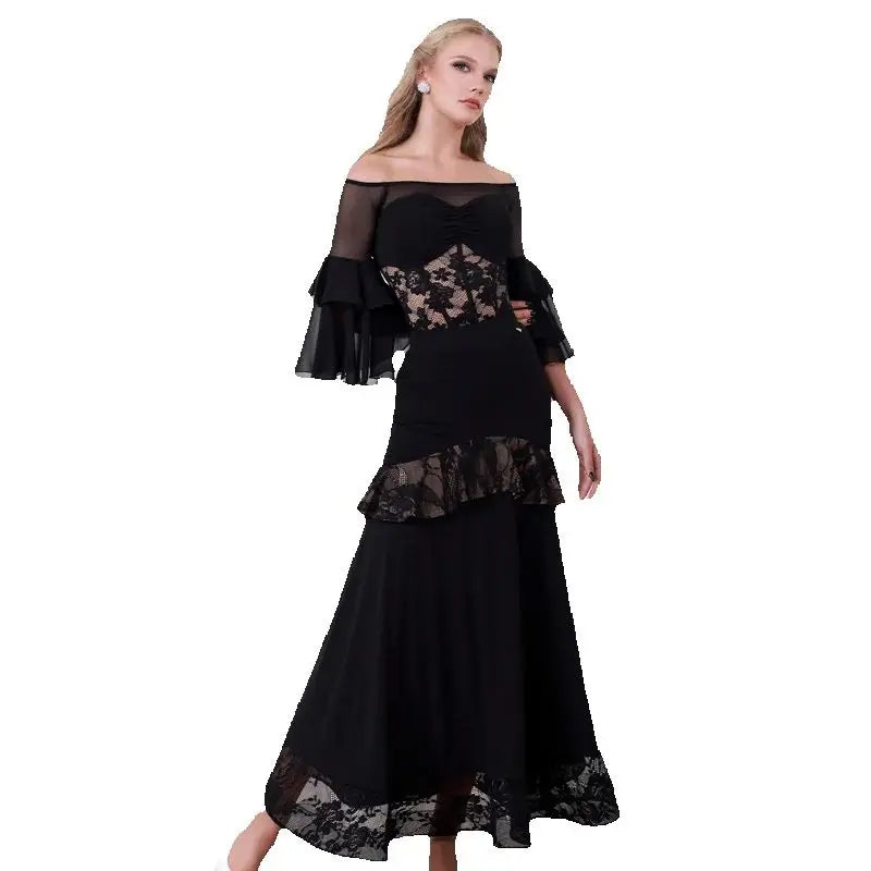Women's Black Off-Shoulder Lace & Mesh Tiered Ruffle Sleeve Ballroom Dance Dress with Asymmetrical Ruffle Skirt