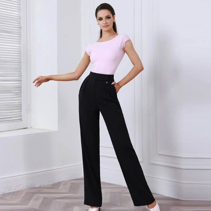 Women's Pink & Black Boat Neck Bodysuit with High-Waisted Wide-Leg Dance Pants
