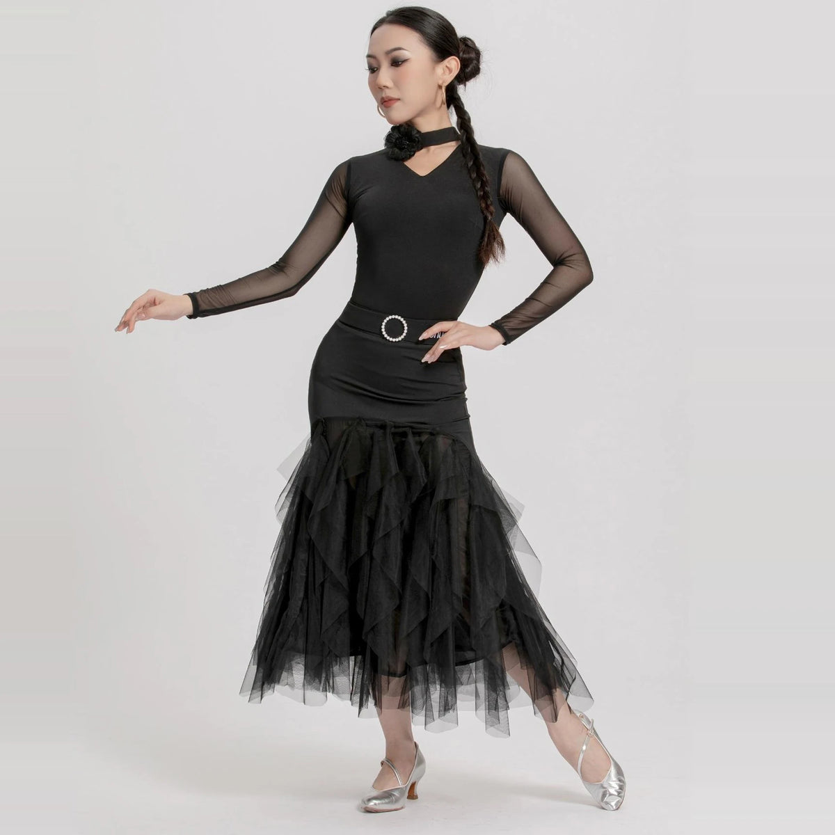Ballroom Dance Dress Women's Black Mesh Long Sleeve V-Neck Ruffle Skirt with Belt, Latin Dance