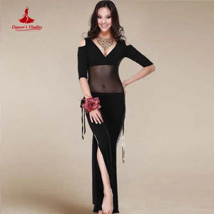 Belly Dance Women's Black Mesh Panel V-Neck Top & Slit Skirt Set with Floral Wristband, Long Sleeve Performance Costume