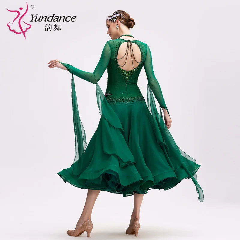 Women's Standard Ballroom Dance Dress Long Chiffon Green For Competition
