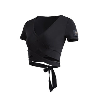 Women's Gray Leopard Print V-Neck Long Sleeve Crop Top with Criss-Cross Waistband for Latin Dance