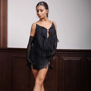 Women's Black Fringe Deep V-Neck Mini Latin Dance Dress with Gloves
