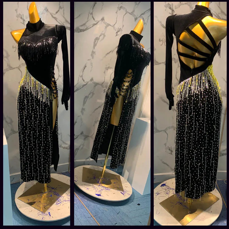 Women's Black Velvet Sequin Fringe Beaded Cutout Ballroom Latin Dance Dress
