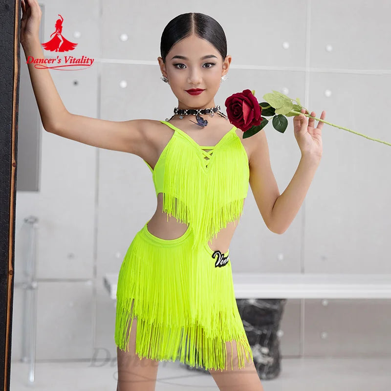 Girls Latin Dance Dress, Neon Green Fringe Cutout Rumba Samba Cha Cha Costume
