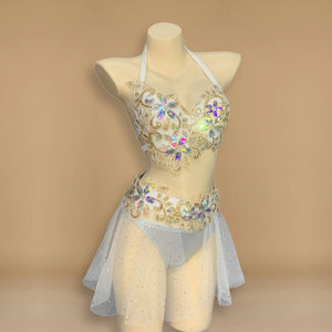 Belly Dance Women's White and Gold Sequin and Rhinestone Halter Top and Skirt Set with Sheer Overlay, Bellydance Performance Costume