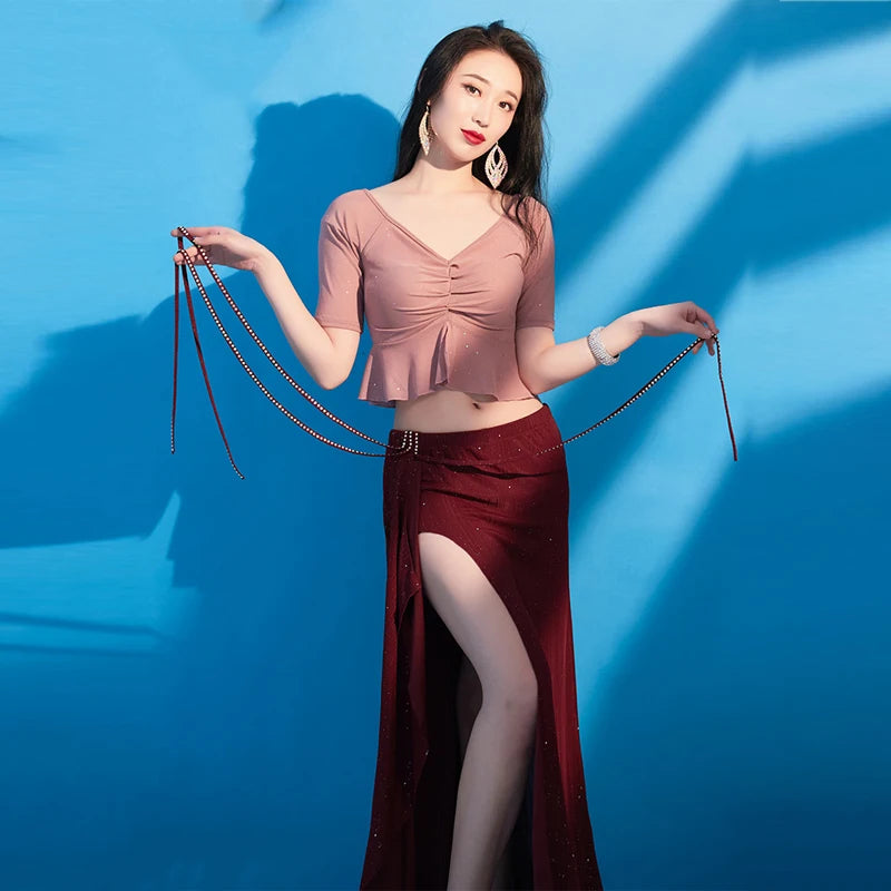 Women's Green Glitter Slit Maxi Skirt & Ruffled V-Neck Top Belly Dance Costume