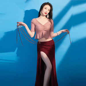 Women's Green Glitter Slit Maxi Skirt & Ruffled V-Neck Top Belly Dance Costume