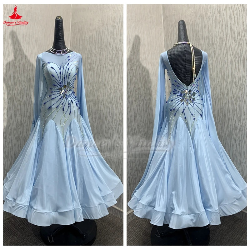 Ballroom Dance Dress Women Light Blue Embellished Long Sleeve Open Back Satin