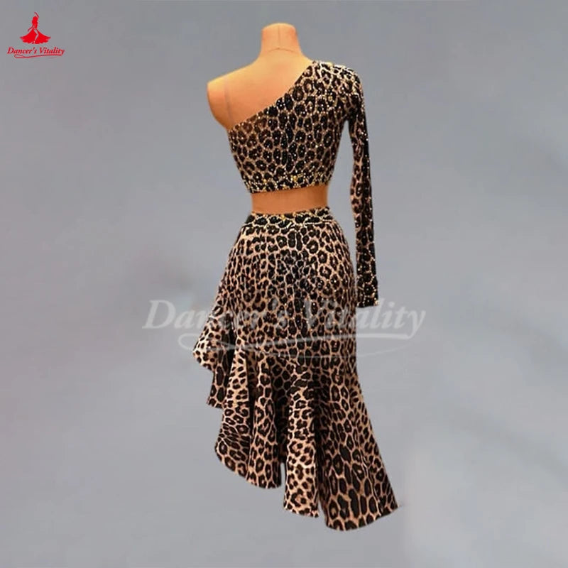 Latin Dance Leopard Print Two-piece Suit Women Adult and Child Chacha Samba Rumba Competition and Performance Clothing Customize